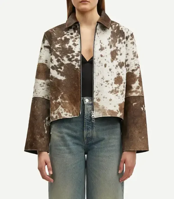 Cowhide fur Brown And White printed leather Jacket