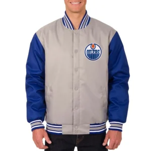 Edmonton Oilers Gray-Blue Poly Twill Varsity Jacket