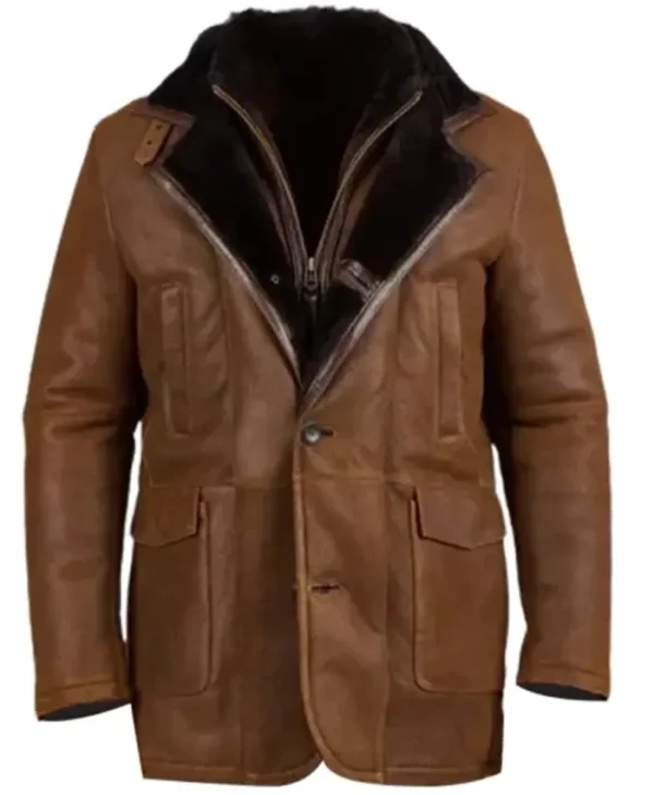 Genuine Brown Double Shearling Stylish Leather Coat