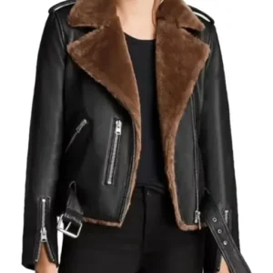 Gina Aviator Shearling Black Leather Biker Jacket