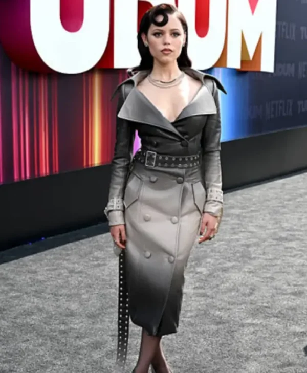 Jenna Ortega Netflix Tudum 2025 Leather Trench Blazer