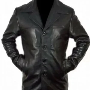 Men Black 3/4 Quarter Length Leather Coat