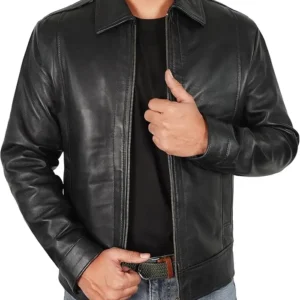 Men Classic Collar Slim Fit Black Leather Jacket