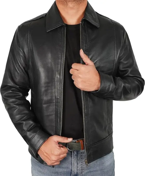 Men Classic Collar Slim Fit Black Leather Jacket