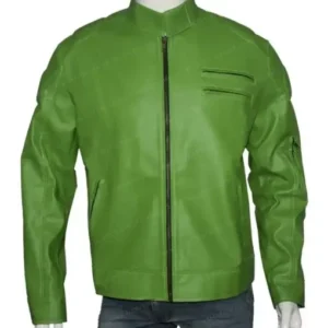 Men Green Regular Fit Part Wear Green Leather Jacket