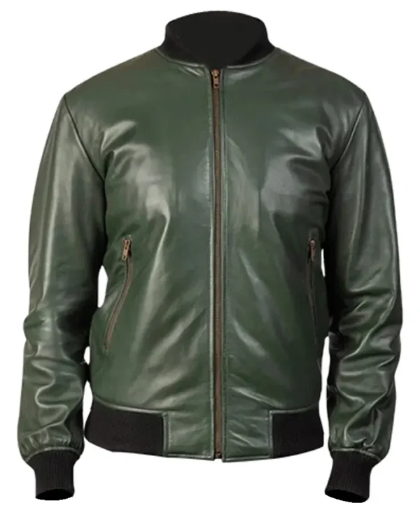 Men’s Casual Green Leather Bomber Jacket
