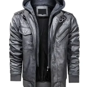 Mens Removable Hood Bomber Leather Jacket
