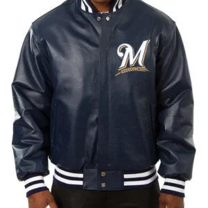 Milwaukee Brewers Navy Leather Jacket