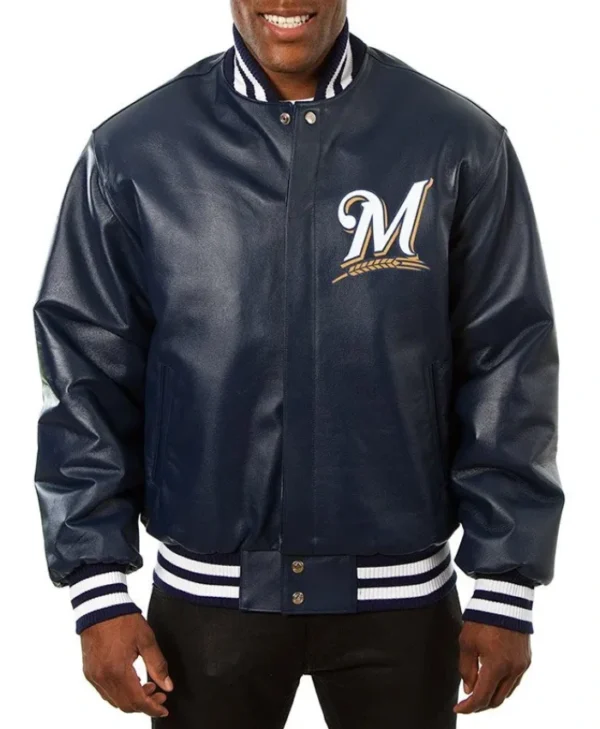 Milwaukee Brewers Navy Leather Jacket