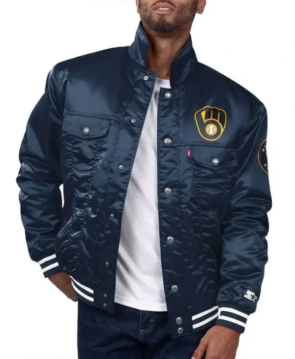 Milwaukee Brewers Navy Silver Tab Trucker Varsity Jacket