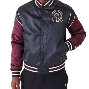 NY Yankees Black and Maroon Satin Varsity Jacket