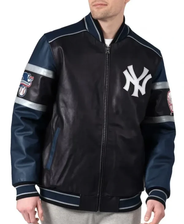 NY Yankees Black and Navy Bomber Leather Jacket
