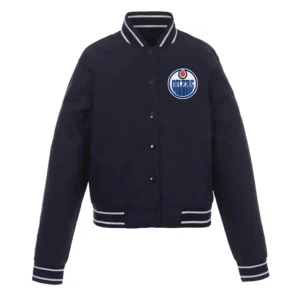 Navy Edmonton Oilers Front-Hit Poly-Twill Varsity Jacket