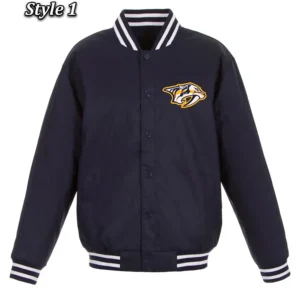 Navy Nashville Predators Front Hit Poly Twill Varsity Jacket