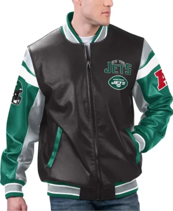 New York Jets Full-Zip Bomber Multi-color Leather Jacket