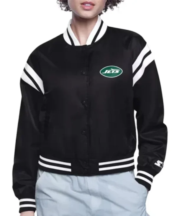 New Yorks Jets Printed Logo Black Varsity Jacket