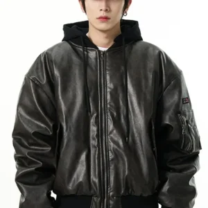 Oversized Black Leather Hooded Bomber Stylish Jacket