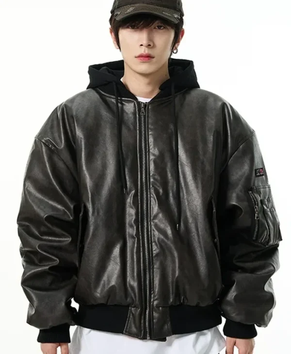Oversized Black Leather Hooded Bomber Stylish Jacket