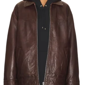 Oversized Brown Leather Bomber Jacket