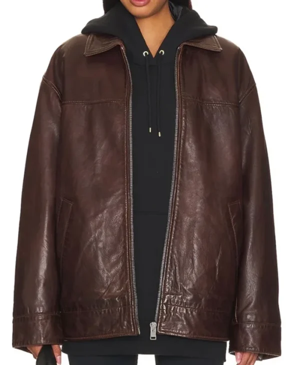Oversized Brown Leather Bomber Jacket