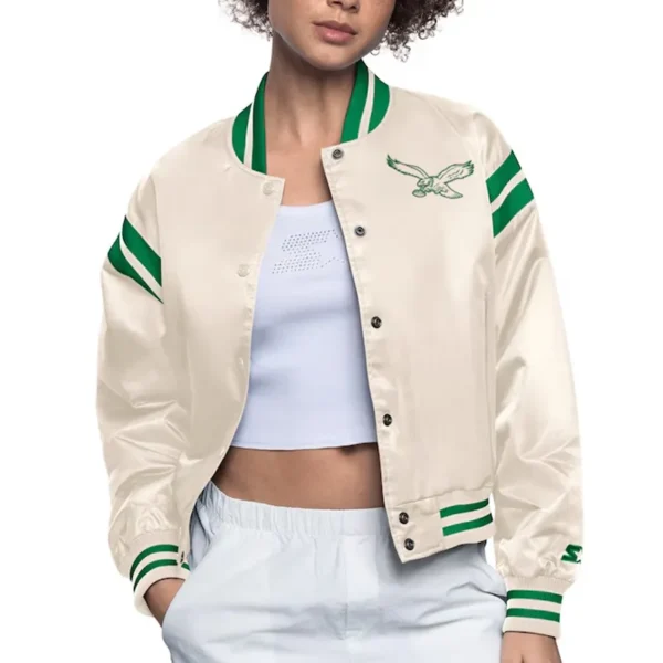 Philadelphia Eagles Cream Full Count Satin Varsity Jacket