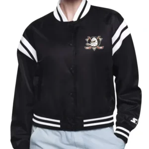 Printed Logo Anaheim Ducks Varsity Black And Cream Satin Jacket