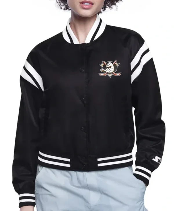 Printed Logo Anaheim Ducks Varsity Black And Cream Satin Jacket