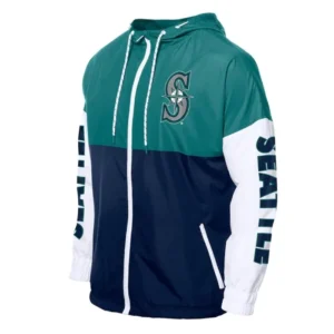 Seattle Mariners Block Navy And Aqua Hoodie Windbreaker
