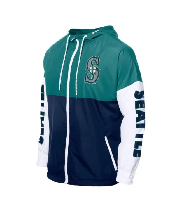 Seattle Mariners Block Navy And Aqua Hoodie Windbreaker
