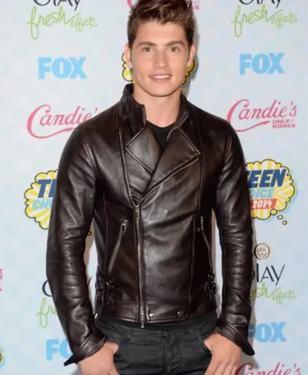 Teen Choice Awards Event Gregg Sulkin Brown Biker Leather Jacket