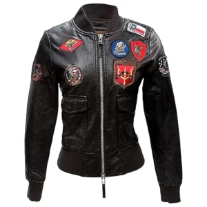 Top Gun Womens Black Leather Flight Bomber Jacket
