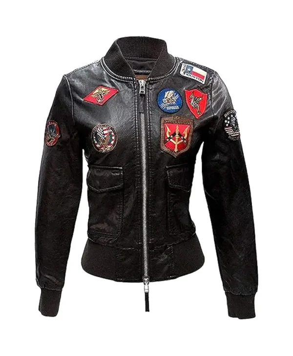 Top Gun Womens Black Leather Flight Bomber Jacket