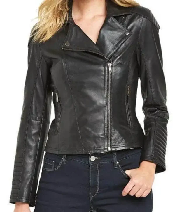 Venson Women Biker Black Leather Jacket