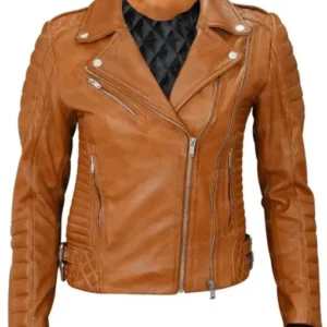 Womens Motorcycle Slim Fit Tan Leather Classic Jacket