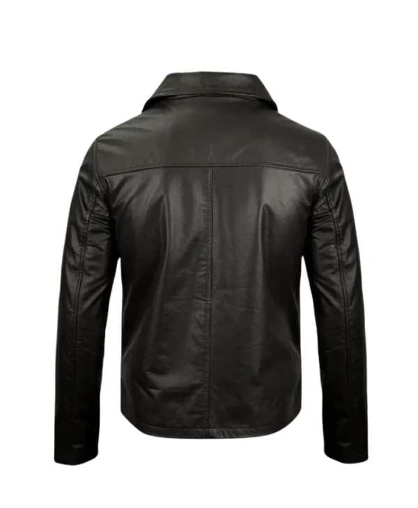 Men Slim Fit Turn Down Black Leather Jacket - Image 2