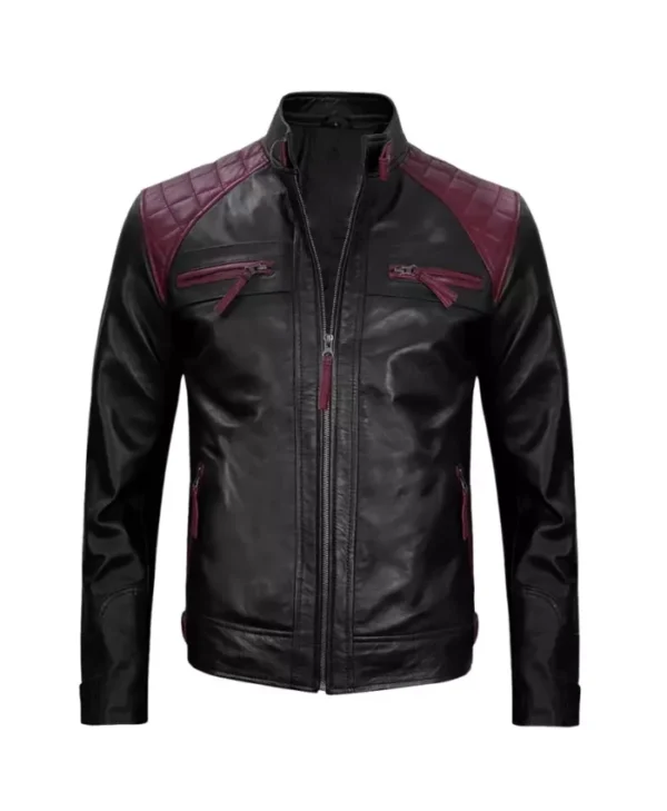 Men Black and Maroon Cafe Racer Leather Bomber Jacket