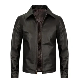 Men Slim Fit Turn Down Black Leather Jacket