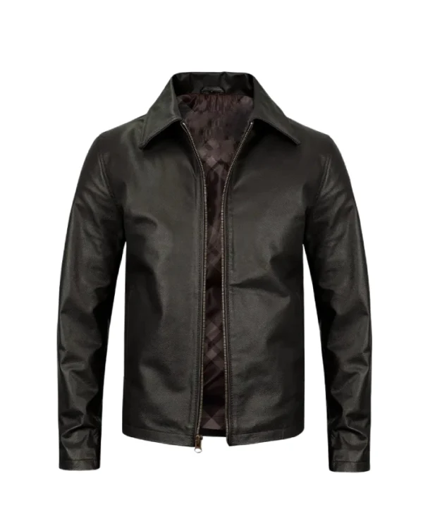 Men Slim Fit Turn Down Black Leather Jacket